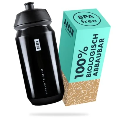 Obrázek AARON ECO láhev na pití 100% biologicky odbouratelná, 500 ml, lehká a odolná proti vytečení, praktická vodu bez BPA pro sport, fitness, turistiku, outdoor v černé barvě