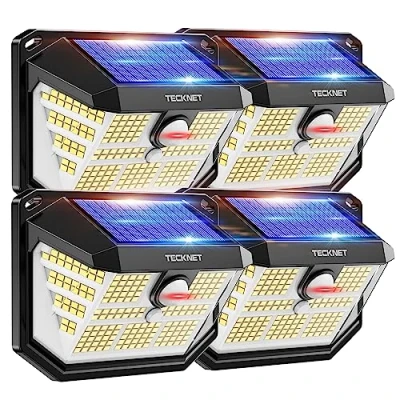 Obrázek TECKNET solární lampy pro venkovní použití, 【4 kusy】 231 LED lampa 300 super jasná s detektorem pohybu 3 režimy IP65 vodotěsné nástěnné svítidlo na stěnu, poštu, cestu, zahradu, garáž
