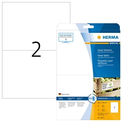 Obrázek HERMA 10910 Power etikety, 25 listů, 210 x 148 mm, 2 na arch A4, 50 kusů, samolepicí, potisknutelné, extrémně silně přilnavé, prázdné papírové lepicí etikety samolepky, bílé