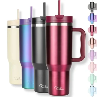 Obrázek Milu Termopohárek 1200 ml se slámkou a uchem, 48 h, led/24 h studená/12 horká ušlechtilá ocel Tumbler 40oz s rukojetí, izolační hrnek na cesty, láhev, dvoustěnná izolace (Berry, 1,2l)