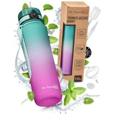 Obrázek My Vesperbox Minny dětská láhev na pití zabezpečená proti vytečení 350 ml, 500 750 ml s brčkem nebo sítkem lehká vodu Tritan bez BPA do školky, školy (750 fialová