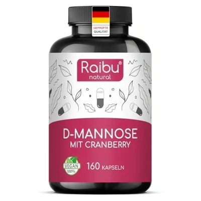 Obrázek Raibu Kapsle D manózy s brusinkou 2100 mg manóza v denní dávce 160 kapslí ve vysokých dávkách veganské, přírodní, čisté a bez přísad, vyrobeno Německu laboratorně testováno