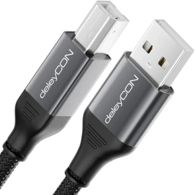 Obrázek deleyCON 5m USB Kabel tiskárny (pro tiskárnu, skener, MIDI) A na B Printer Cable spletený + kovová zástrčka pro Epson Brother Canon Notebook tablet PC MacBook HP Samsung