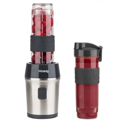 Obrázek H.Koenig Smoothie Maker SMOO9 Mini Standmixer Blender 300 Watt 570 ml Edelstahl 2 Kunststofflaschen BPA frei, Grau