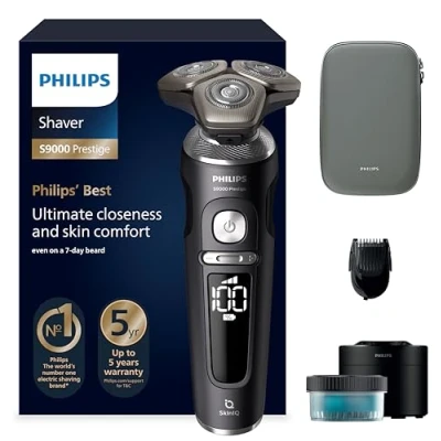 Obrázek Philips holicí strojek S9000 Prestige elektrický na mokré a suché holení, černý matný, systém holení Lift &amp; Cut, technologie SkinIQ, styling vousů, čisticí stanice prémiové pouzdro