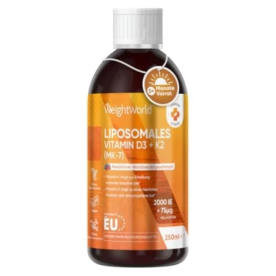 Obrázek Lipozomální vitamin D3 K2 tekutý 2000IE vitamín + 75 µg vitamínu 250 ml na 100 dní zásoby alternativa k kapslím a tabletám s vitaminem D veganské MK 7 vysoká biologická dostupnost