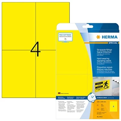 Obrázek HERMA 8032 Fóliové etikety odolné proti povětrnostním vlivům, 25 listů, 105 x 148 mm, 4 pro arch A4, 100 kusů, samolepicí, potištěné, matné, prázdné venkovní signální z fólie, žluté