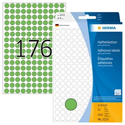 Obrázek HERMA 2215 bodová nálepka lepicí puntíky zelené, 5632 kusů, Ø 8 mm, 176 na jeden arch, samolepicí, označovací body pro kalendáře, plánovače, kutilství, matné, prázdné papírové barevné tečky