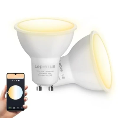 Obrázek Lepro GU10 Smart LED žárovky, žárovka Alexa stmívatelná teplá bílá a studená bílá, světelný zdroj (4,5 W = 50 halogenová žárovka), kompatibilní s Google Home, 2 kusy