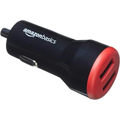 Obrázek Amazon Basics USB a nabíječka do auta pro mobilní telefony (iPhone 15, 14, 13, 12, 11, X, Samsung další), 24 W, 2 přípojky, bez PPS, černá / červená