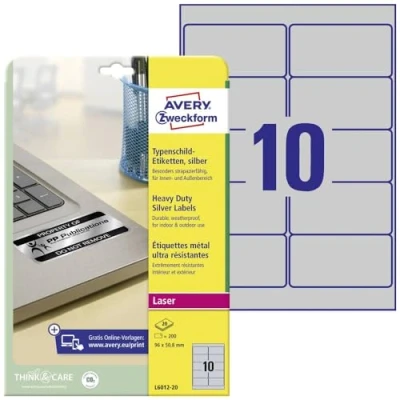 Obrázek AVERY Zweckform L6012 20 Typový štítek Fóliové etikety (96 x 50,8 mm na DIN A4, extrémně silně samolepicí, lepicí fólie odolná proti povětrnostním vlivům) 200 nálepek listů stříbrná, kusů,