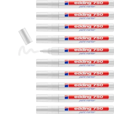 Obrázek edding 750 lakový popisovač bílý 10 tužek kulatý hrot 24 mm laková tužka pro značení a popisování kovu, skla, kamene nebo plastu žáruvzdorná, permanentní, odolná proti rozmazání vodě