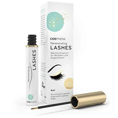 Obrázek COSPHERA® Neverending Lashes: Veganské sérum na řasy s efektem wow ++ Pro maximální růst řas a silné obočí během pouhých 46 týdnů rostlinné, super snášenlivé &amp; bez hormonů (4 ml séru)