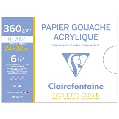 Obrázek Clairefontaine 93341C desky akrylový papír (ideální pro mokré techniky a kvaše, 360 g, 24 x 32 cm, 6 archů), bílá