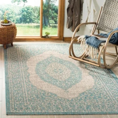 Obrázek SAFAVIEH Moderní koberec do obývacího pokoje, jídelny, ložnice Courtyard Collection, krátký předsíň, světle šedá a Aqua, 160 X 231 cm