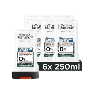 Obrázek L&#039;Oréal Men Expert Citlivý sprchový gel a šampon pro muže, na tělo, vlasy obličej, pánská péče o tělo citlivou pokožku s niacinamidem bez alkoholu, hořčíkový Defense, 6 x 250 ml