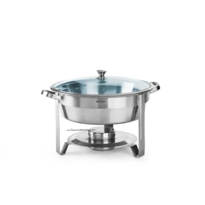 Obrázek HENDI Chafing Dish, kulatý, se skleněnou poklicí s nádobou na hořlavou pastu a pánev, nádoba udržování teploty, ohřívač jídla, nádoba, stříbrná, 3,5 l, ø 390 x (V) 270 mm