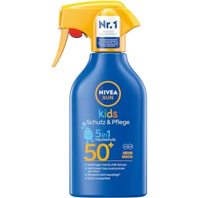 Obrázek NIVEA SUN Kids ochrana &amp; Care 5v1 pokožky LSF 50+ Sluneční sprej (250 ml), vysoká proti slunci s bio mandlovým olejem, extra voděodolný opalovací krém pro citlivou pokožku