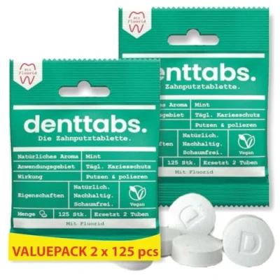 Obrázek DENTTABS Tablety na čištění zubů máta s fluoridem 2 x 125 ks po dobu 4 měsíců. Plnohodnotná alternativa k zubní pastě. VEGAN bez plastů konzervačních látek. Originální kompostovatelné