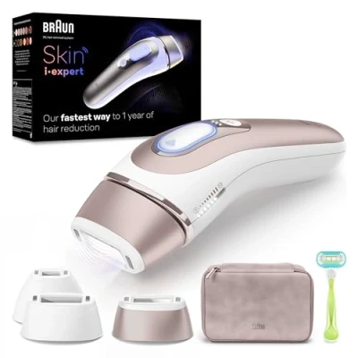 Obrázek Braun Smart IPL Skin i·expert, odstraňování chloupků na doma, bezplatná aplikace, úložná taška, holicí strojek Venus, navrženo v Německu, 3 chytré nástavce obličej a tělo, PL7253