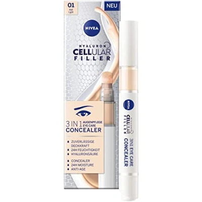 Obrázek NIVEA Hyaluron Cellular Filler 3 v 1 Oční péče Concealer Světlý (4 ml), Anti Age s hyaluronem, krycí tužka na kruhy pod očima, zarudnutí a pupínky