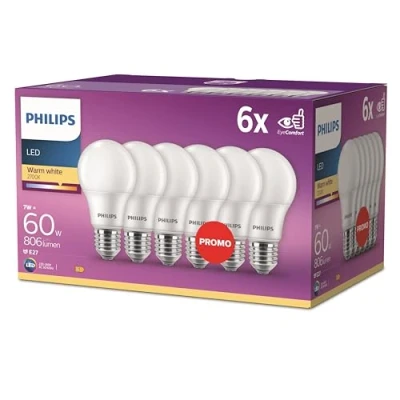 Obrázek Philips LED Classic E27 žárovky 6 ks v balení (60 W), matné s teplým bílým světlem, energeticky úsporné dlouhou užitnou životností, nová generace