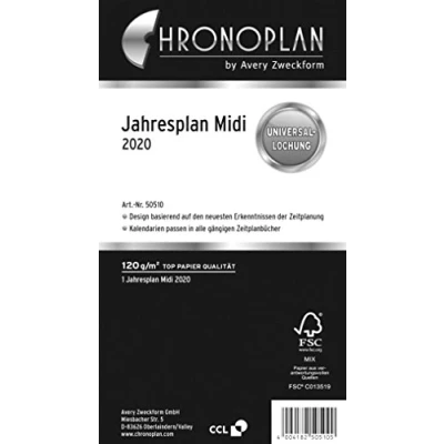 Obrázek Chronoplan 50500 kalendářová vložka 2020 (roční plán Midi (96 x 172 mm), náhradní kalendárium, univerzální děrování, zaklapnutí (s napodobeninou leporello), bílá