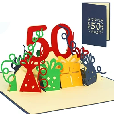 Obrázek LINPOPUP® Pop Up přání 50. narozeninám, 3D narozeninové s obálkou, Happy Birthday k dárek pro přítele, muže, výročí, 50 čísel modré, N21