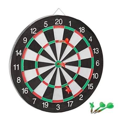 Obrázek Relaxdays Terč na šipky Board X1 se šípy, 43 cm, 6 x šipky, oboustranný, ocelové klasický, černo bílý