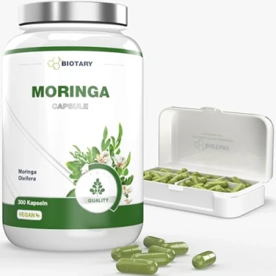 Obrázek Moringa Oleifera 300 kapslí, 1800 mg vysokých dávek, zásoba 34 měsíce, včetně krabičky na pilulky, vysoká dávka, 100% veganské, čistě rostlinné, laboratorně testováno, vyrobeno v Německu