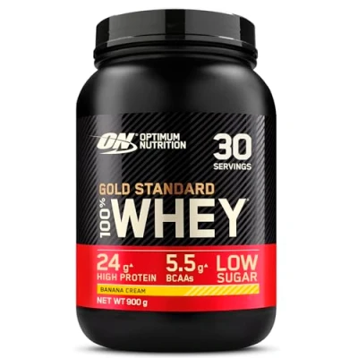 Obrázek Optimum Nutrition Gold Standard 100% syrovátkový proteinový prášek pro růst a regeneraci svalů s přirozeně se vyskytujícím glutaminem aminokyselinami BCAA, banánový krém, 30 porcí, 900 g