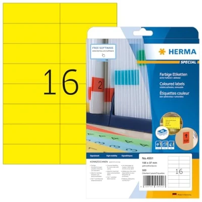 Obrázek HERMA 4551 barevné etikety, žluté, odstranitelné, 20 listů, 105 x 37 mm, 16 na arch A4, 320 kusů, samolepicí, potištěné, matné, prázdné papírové štítky