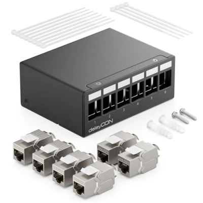 Obrázek deleyCON Sada 6 portů CAT7 patch panel s 6x CAT.7 RJ45 Keystone Jack Modul STP 10 Gbit/s rozvodné pole kompatibilní instalačním kabelem CAT6 CAT6a CAT8 Ethernet LAN DSL síťový kabel černý