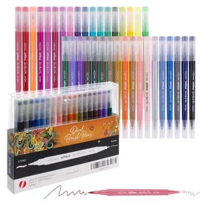 Obrázek int!rend Sada dvojitých per 36 barevných akvarelových fixů + 5 šablon silné a tenké tužky na ruční písmo, Bullet Journal tužky, akvarelové Watercolor Brush Pen, Art Marker Set