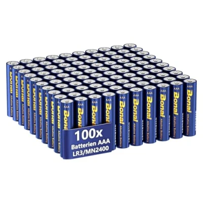 Obrázek BONAI Longlife alkalické baterie AAA (100 kusů) 1,5V Micro LR03 baterie, výkonné, ideální pro budík, teploměry horečky, dekorativní lampy a jiné přístroje s vysokou energetickou náročností