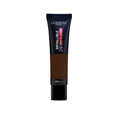 Obrázek L&#039;Oréal Paris Infaillible 24H Matte Cover 385 Cacao/Cocoa, dlouhotrvající tekutý make up, vysoká krycí síla, odolná vůči vodě a rozmazání