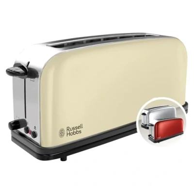 Obrázek Russell Hobbs Toustovač [dlouhý otvor na 2 plátky / 1 široký plátek chleba] Colours+ Krém z ušlechtilé oceli (extra široké štěrbiny tousty, vč. nástavce pečivo, 6 stupňů opečení + funkce