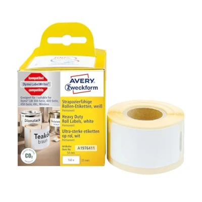 Obrázek AVERY Zweckform A1976411 Dymo LabelWriter etikety odolné proti povětrnostním vlivům kompatibilní s 1976411 (25 x 54 mm, 1 role160 plastové nálepky, samolepicí, pro tiskárny štítků LW Dymo, popisovací