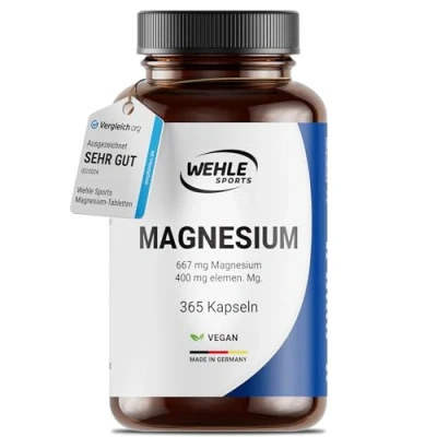 Obrázek Hořčík 400 mg kapsle ve vysokých dávkách 365 kusů (1 rok) 667 na kapsli, z toho elementárního hořčíku I laboratorně testováno Vegan Wehle Sports