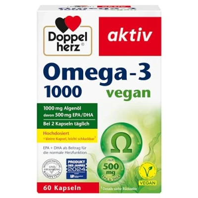 Obrázek Doppelherz omega 3 1000 vegan mastné kyseliny EPA a DHA z rostlinného oleje řas 60 malých veganských kapslí