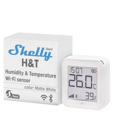 Obrázek Shelly H&amp;T Gen3 bílý inteligentní teploměr WLAN a Bluetooth snímač teploty vlhkosti vzduchu s aplikací iOS Android ukládání dat dlouhá životnost baterie