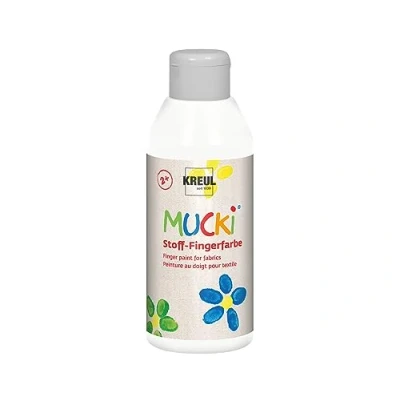 Obrázek KREUL 28401 zářivá látka Mucki barva na prsty, 250 ml v bílé barvě, bázi vody, bez parabenů, lepku, laktózy a veganská, optimální pro použití prsty rukama