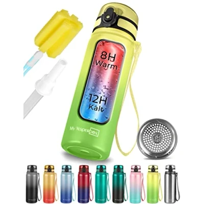 Obrázek My Vesperbox Thermo Minny Edelstahl Trinkflasche auslaufsicher mit Strohhalm oder Sieb 600ml Robuste Wasserflasche für Kinder und Erwachsene BPA frei (Grün Gelb, 600 ml)