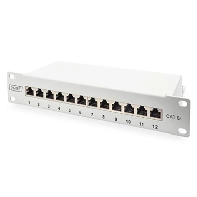 Obrázek DIGITUS Cat 6A propojovací panel 12 portů RJ45 zdířky 10palcový Rack Mount 1HE LSA rozdělovací pole postroj šedý