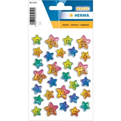 Obrázek HERMA 5219 Aufkleber Sterne klein, 29 Stück, 3D Belohnung Sticker mit Smiley Emoji Gesicht Motiv, Kinder Etiketten für Schule Grundschule Schüler Tagebuch Scrapbooking Geburtstag Deko DIY Basteln