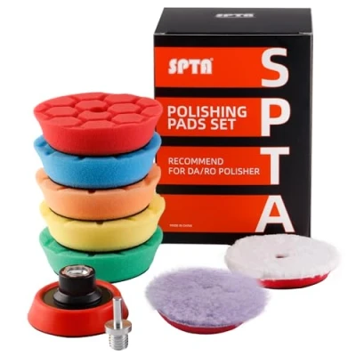Obrázek SPTA Mini Lešticí houbička, 9dílná 80 mm HexLogic houbička s kožešinou a lešticím talířem podložka M14 Adaptér Vrtání pro excentrickou leštičku brusku FLPS3MIX