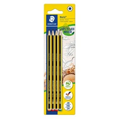 Obrázek STAEDTLER Tužka Noris 120, Made from Upcycled Wood, protiskluzový měkký povrch, vysoká pevnost v knize, kvalita in Germany, blistrová karta se 4 kusy (2 x HB, 1 B, 2H), 120 S BK4D