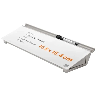Obrázek Nobo Skleněná tabule Desktop Memooboard, suchý, stíratelný skleněný povrch, přenosný, bez rámu, 458 x 154 mm, vč. popisovače a úložné zásuvky, brilantní bílá, 1905174