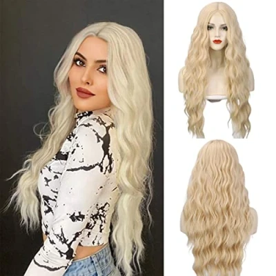 Obrázek Dlouhá platinová blond vlasová paruka, ATAYOU vlnitá malá krajka paruka syntetická světle pro denní Cosplay (Blonde@600)