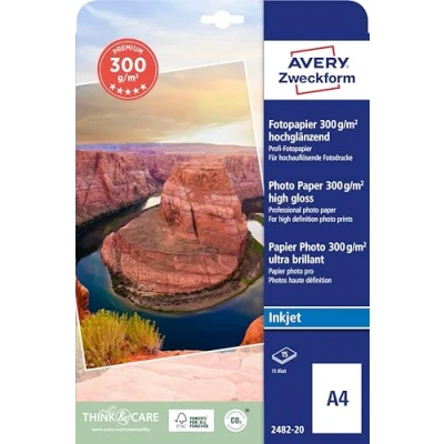 Obrázek Avery Zweckform 2482 20 Premium Inkjet fotopapír (A4, jednostranně vrstvou, vysoký lesk, 300 g/m2) listů